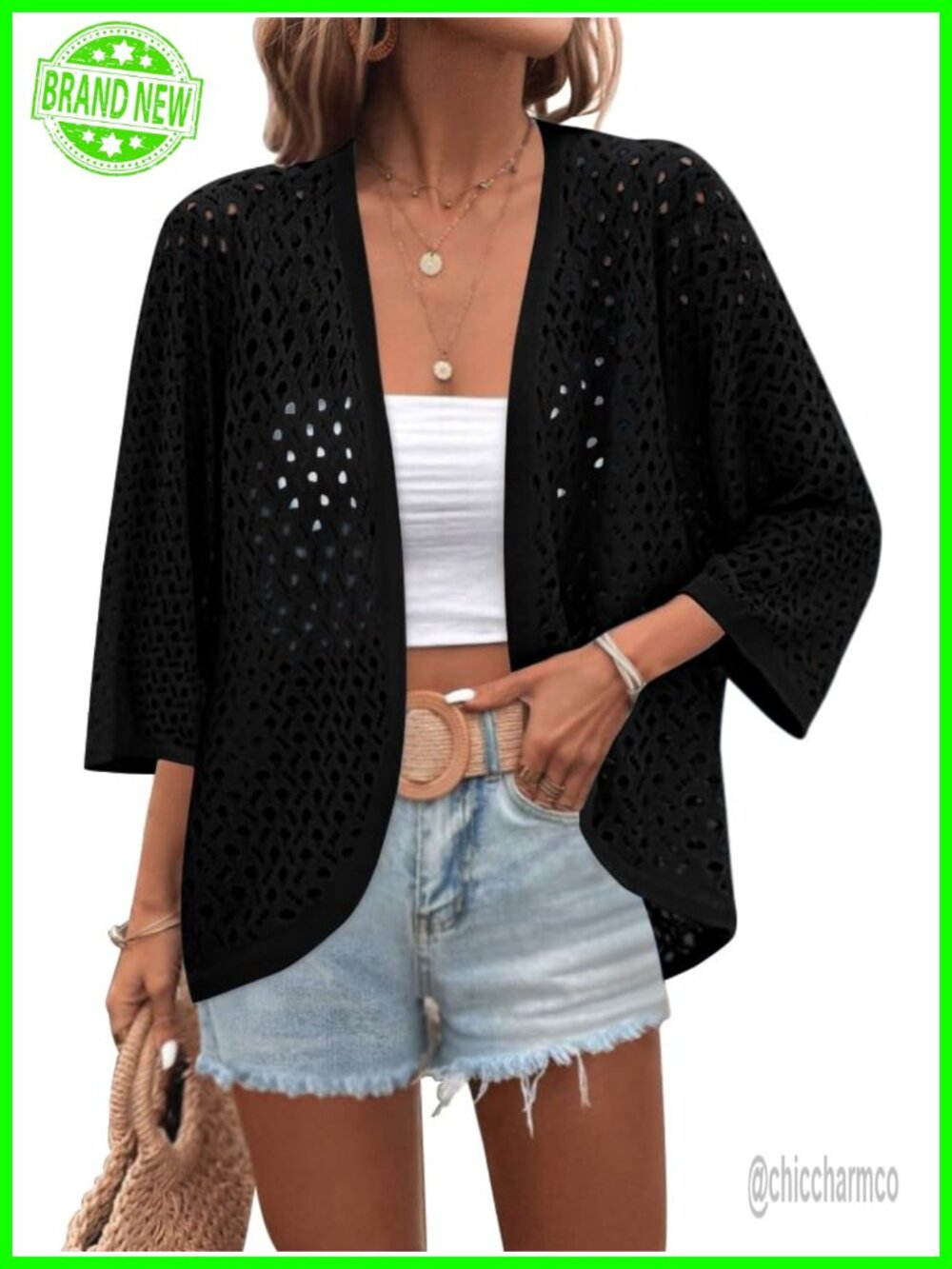Womens Boho Crochet Cardigan 3/4 Sleeve Batwing Kimono Lightweight